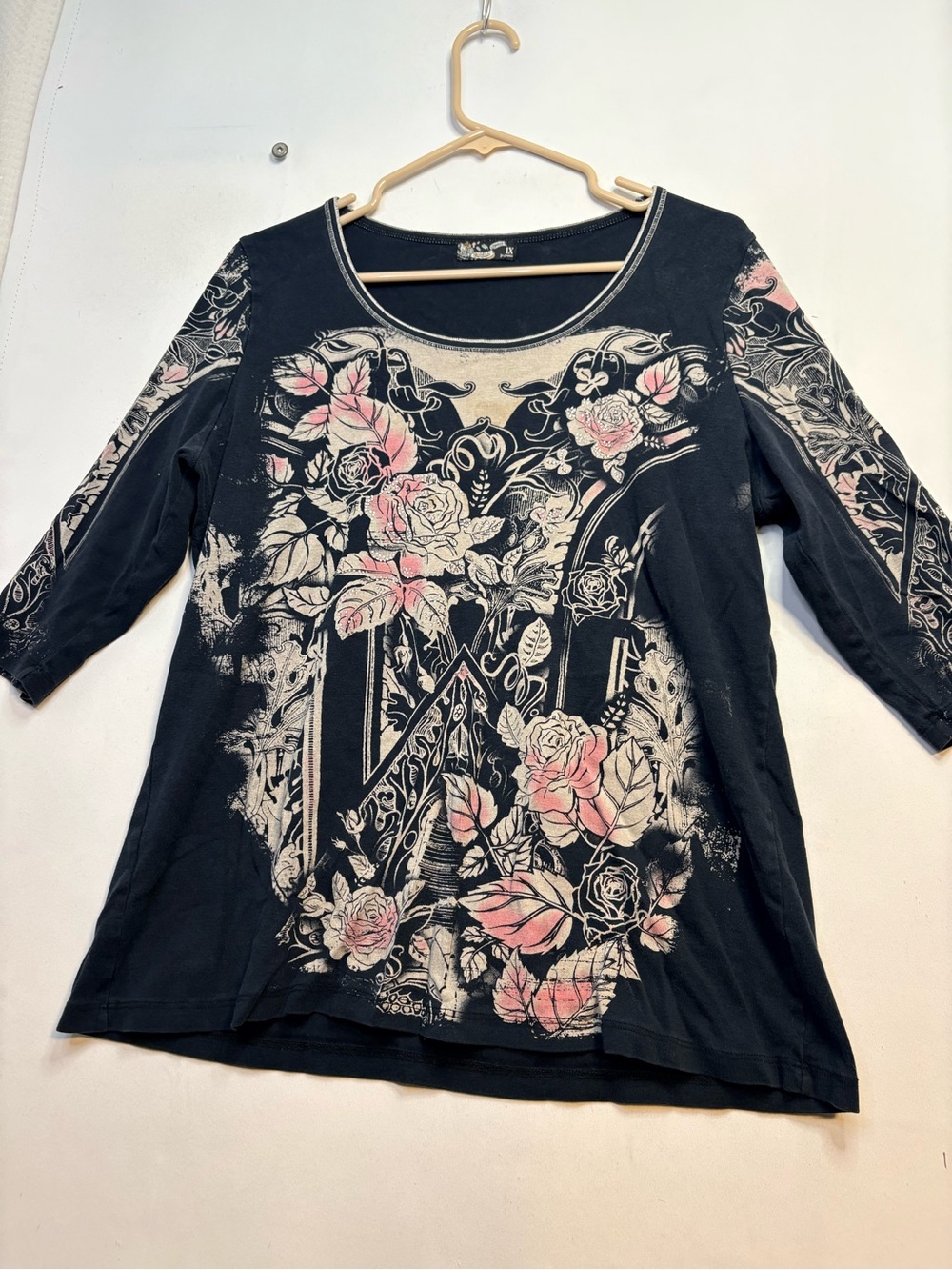 Vanilla Sugar Black Long-Sleeve Floral Scoop Neck Top with Pink Accents